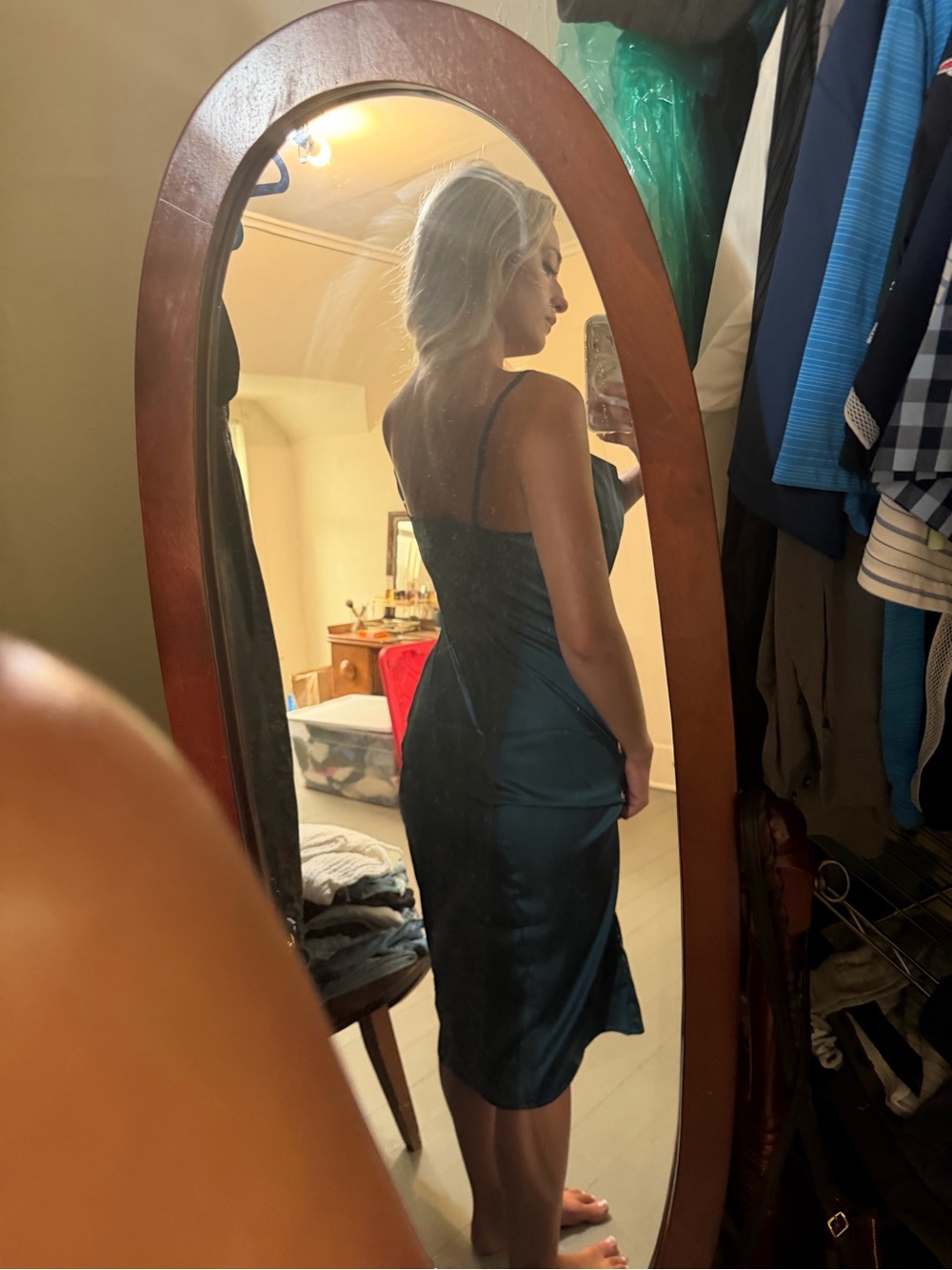 Satin Slip Midi Dress in Teal